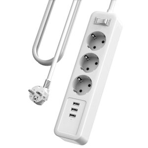 BLOC PRISE 3x 16A Blanc AVEC INT. CHARGEUR RAPIDE USB FIL 1M